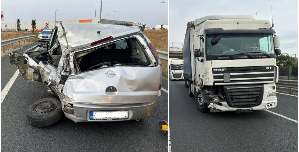 Autoturism, îndoit puternic de un camion