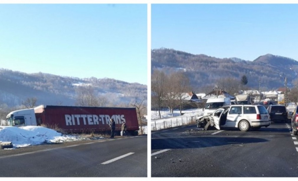 Un camion a ajuns pe câmp din cauza unui șofer imprudent
