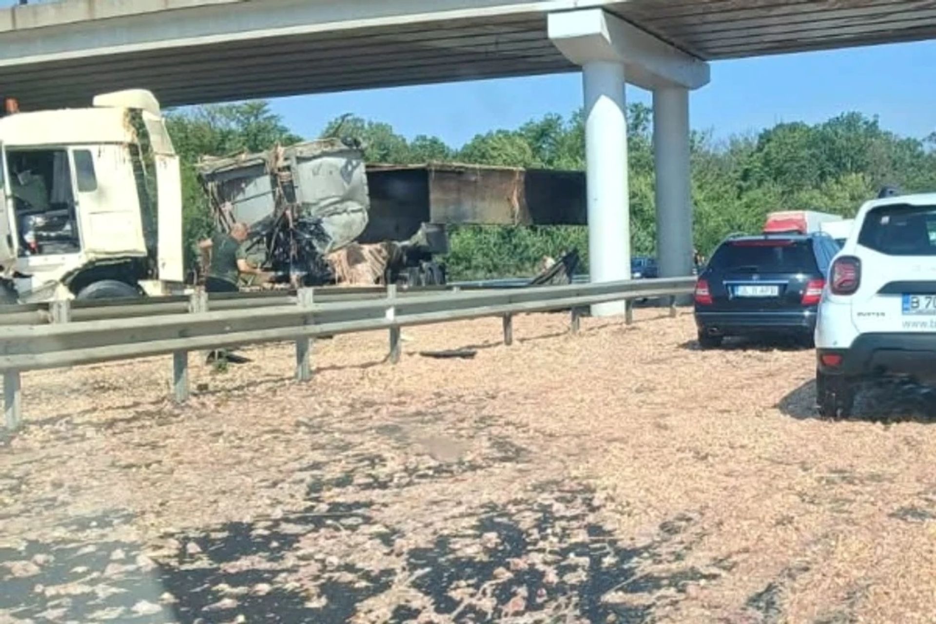 Un camion cu carne de pui a intrat într-un picior de pod pe Autostradă