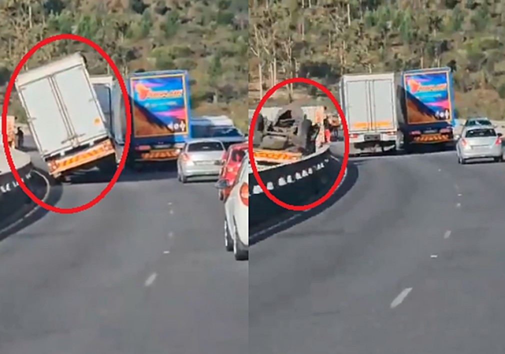 VIDEO Momentul în care un camion e doborât de vânt pe un viaduct