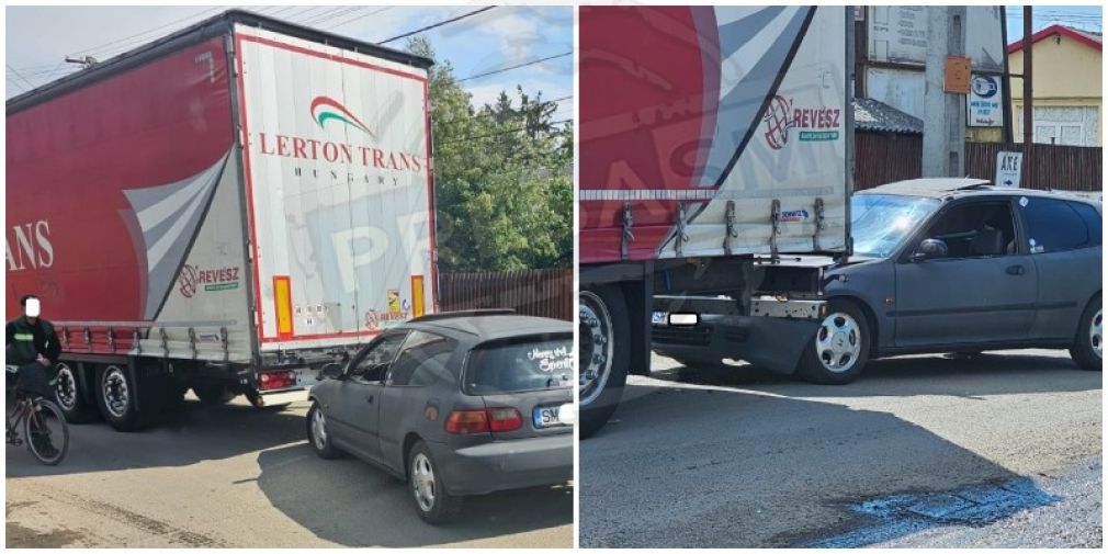 O mașină s-a „înfipt” în remorca unui camion. Sunt și vești bune
