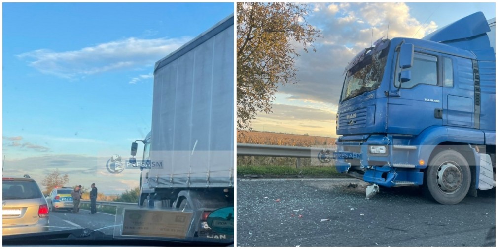 Autoturism lovit de două camioane ucrainene pe DN19