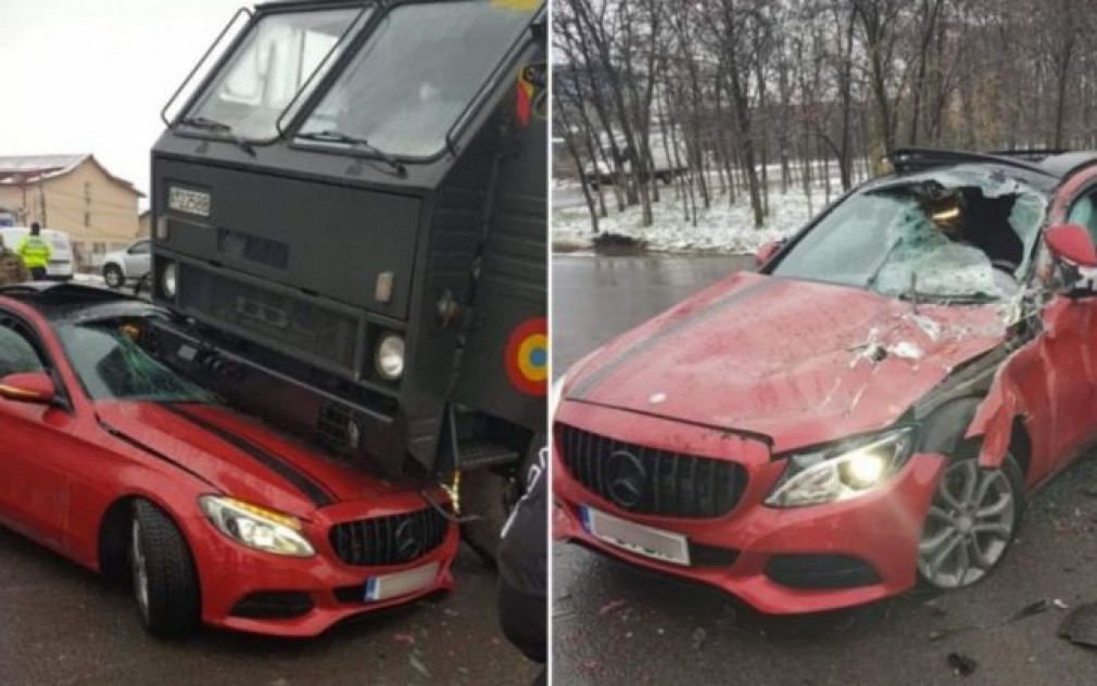 Un camion al Armatei Române a zdrobit un bolid de lux