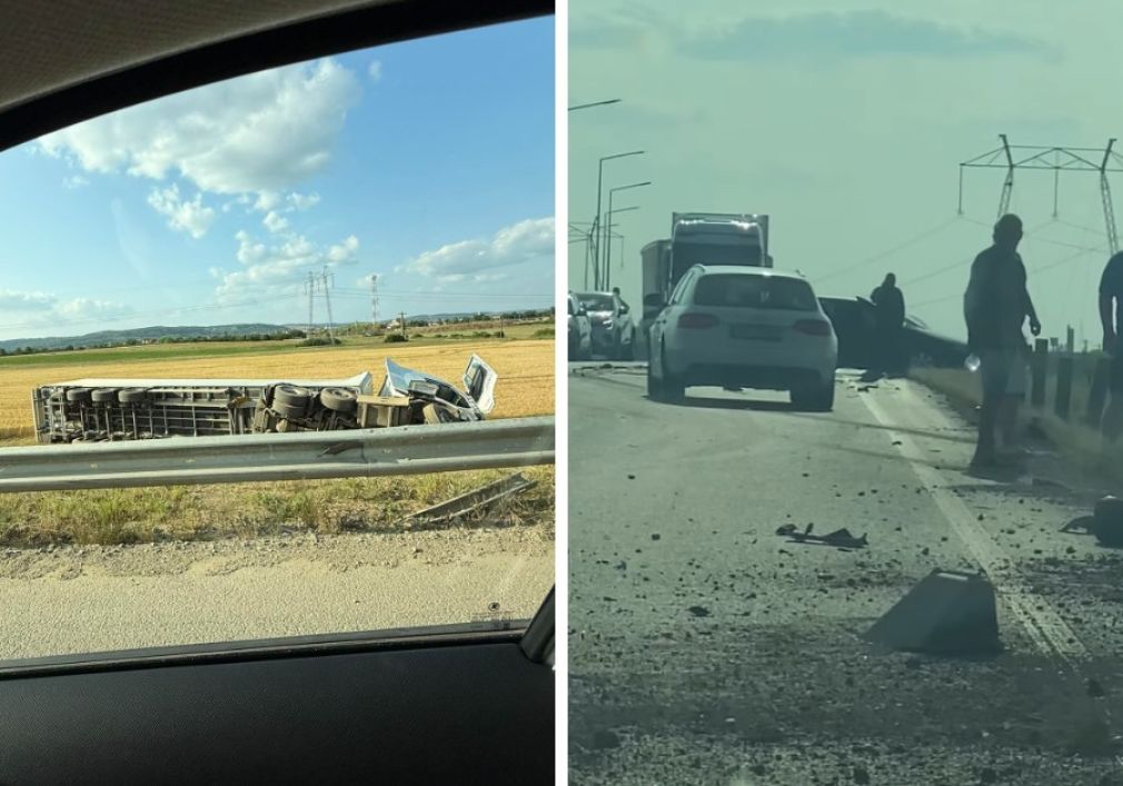 Un camion a ieșit în decor după ce a lovit un autoturism