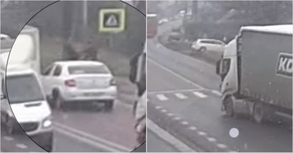 VIDEO Șofer de camion depășește pe contrasens o mașină oprită la trecerea de pietoni