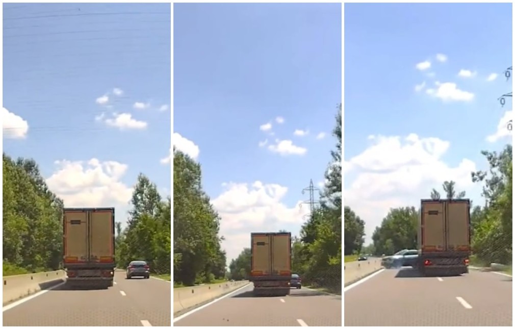 VIDEOCLIP CONTROVERSAT: Un camion intră violent într-un autoturism pe DN1, în Prahova