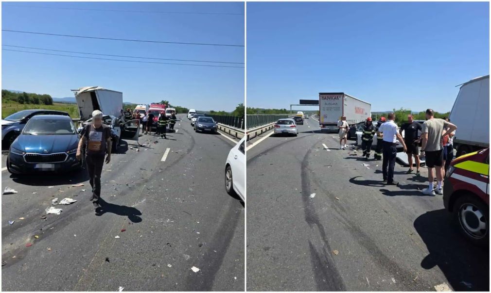 Carambol cu cinci autoturisme, o camionetă și un camion