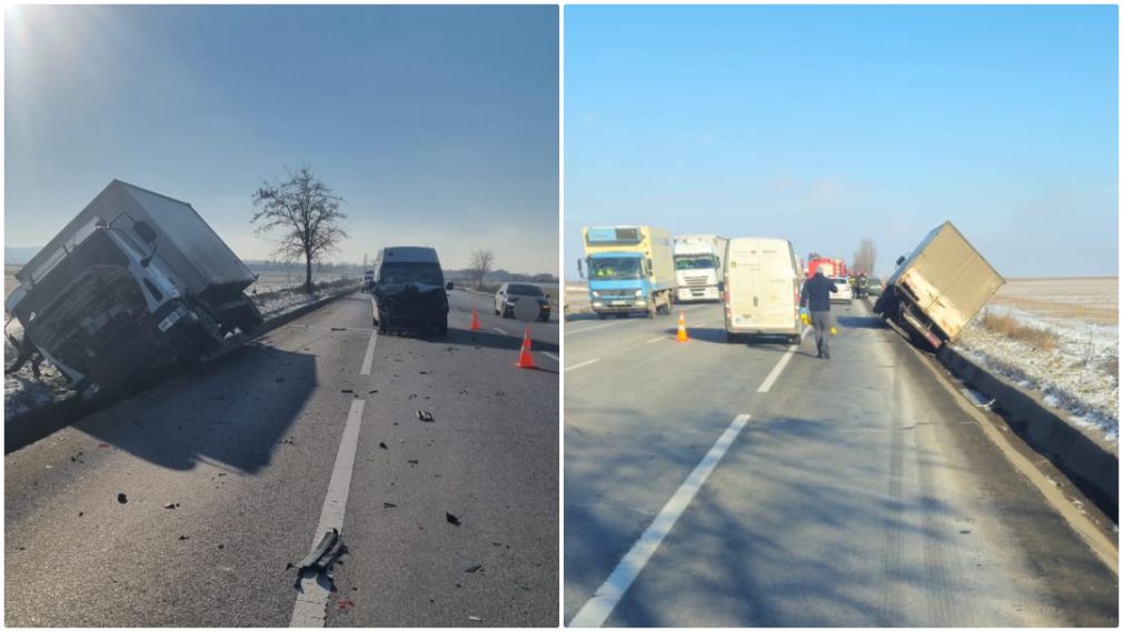 Camion băgat în șant de o dubă, un șofer a ajuns la spital