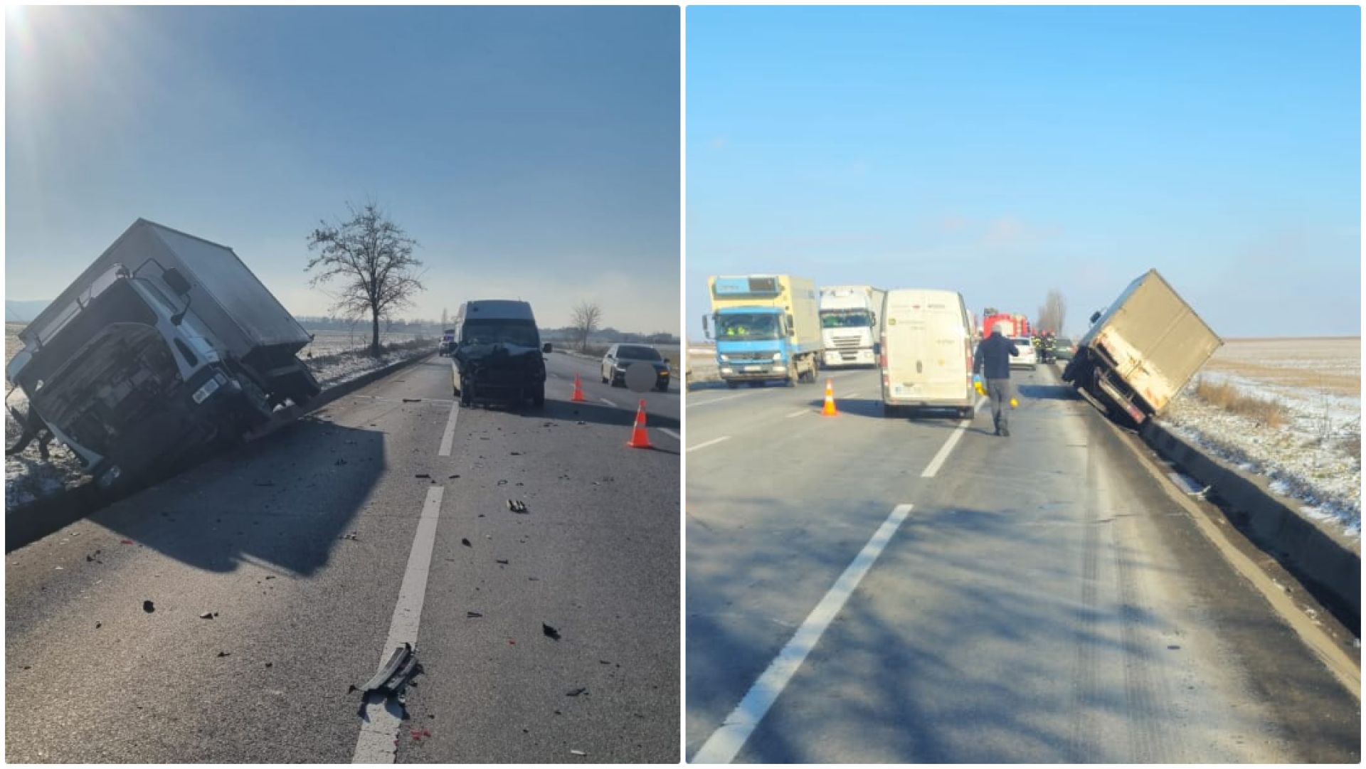 Camion băgat în șant de o dubă, un șofer a ajuns la spital