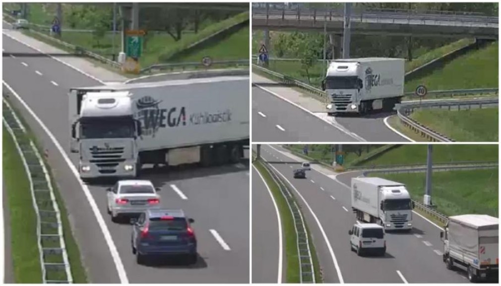 VIDEO Șofer român de camion conduce în direcția greșită pe o autostradă