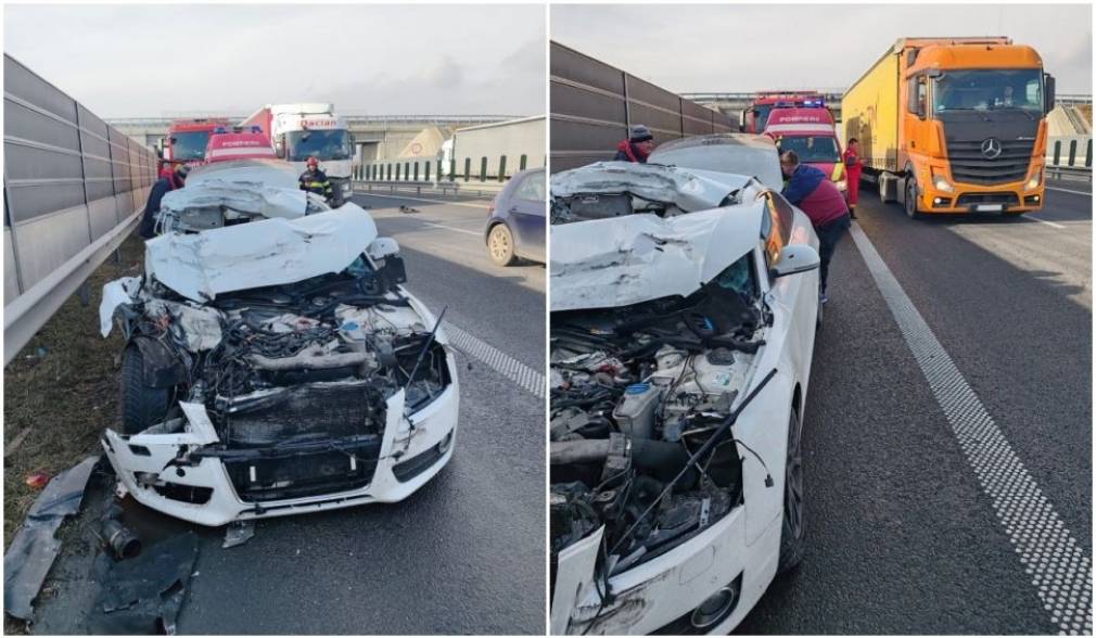 Un camion a lovit un autoturism pe A1