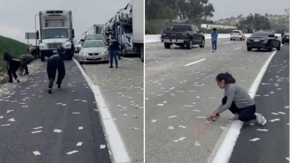 VIDEO Trafic, blocat pe o autostradă. Oamenii s-au oprit să strângă banii căzuți dintr-un camion blindat