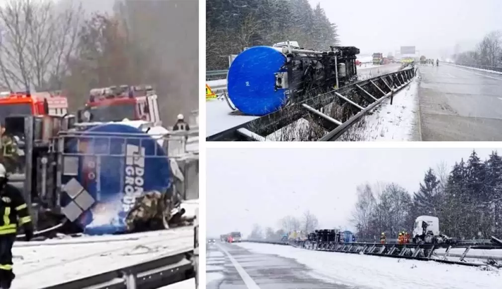 VIDEO: Germania. Cisternă condusă de un șofer profesionist român, ruptă de cabină și răsturnată pe autostradă