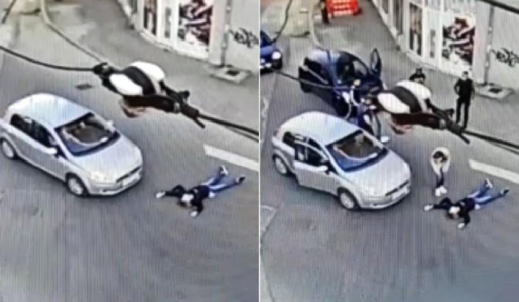 VIDEO. O femeie a vrut să își însceneze un accident. S-a aruncat în fața mașinii și a sunat la 112