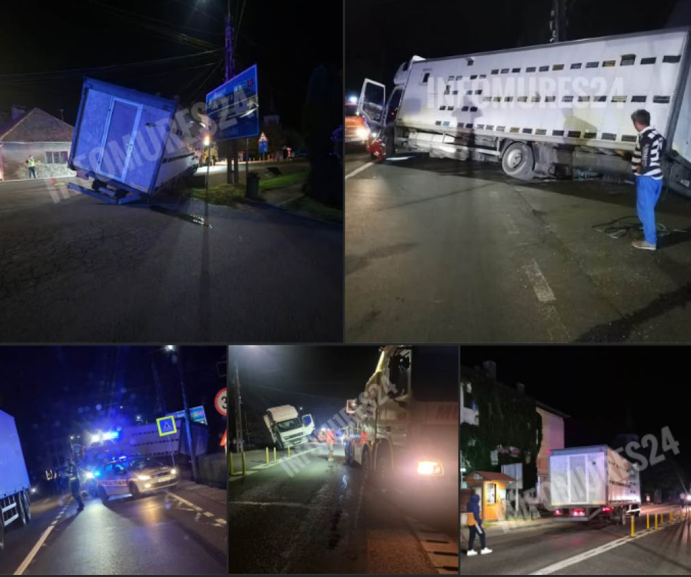 Camion suspendat pe marginea drumului. A luat virajul prea strâns