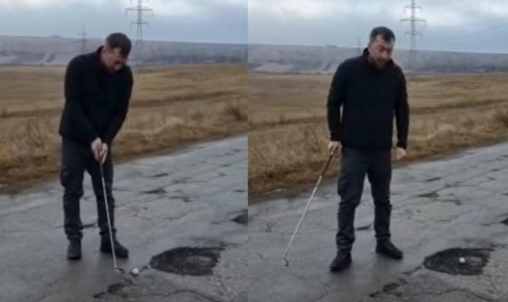 VIDEO Un localnic a jucat golf în gropile de pe Drumul Județean 244