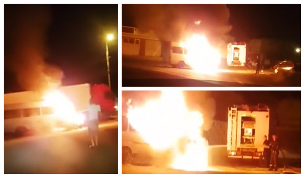 VIDEO: Microbuz în flăcări la Galaţi, pe șoseaua de centură