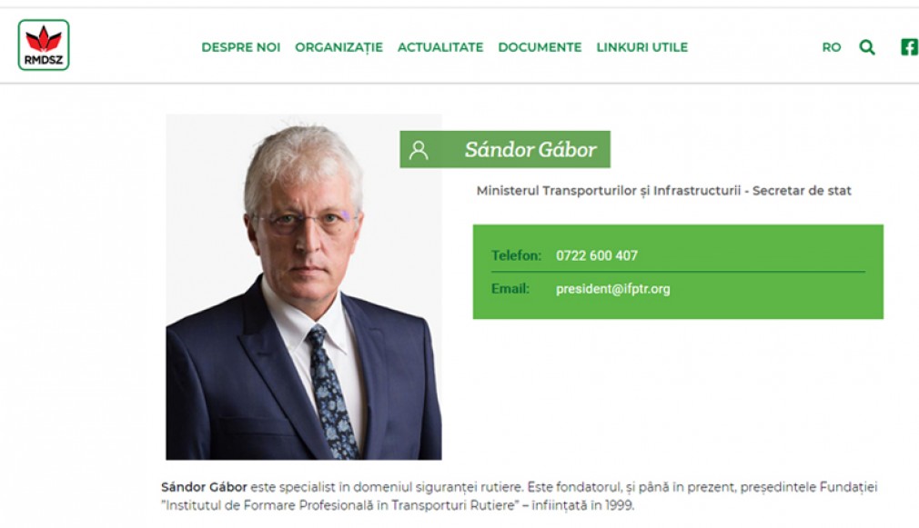 Gabor Sandor, secretar de stat în Ministerul Transporturilor, de pe pagina dedicată lui pe site-ul UDMR