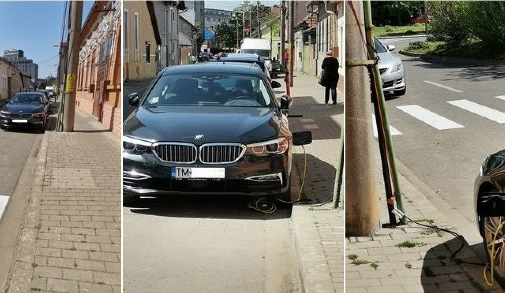 Român inventiv: BMW hybrid, alimentat în stradă, de la stâlp